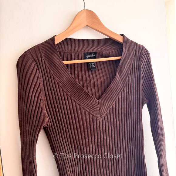 Y2K Vintage Rafaella Silk Blend Chestnut Brown V Neck Sweater (S) - Picture 2 of 4